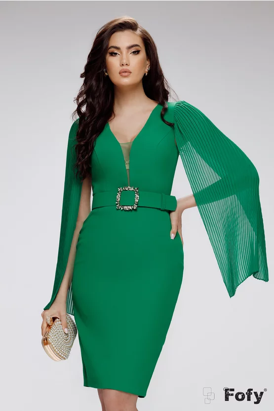 Rochie de seara eleganta verde tonic cu decolteu maneci despicate si voal plisat si centura • Shop